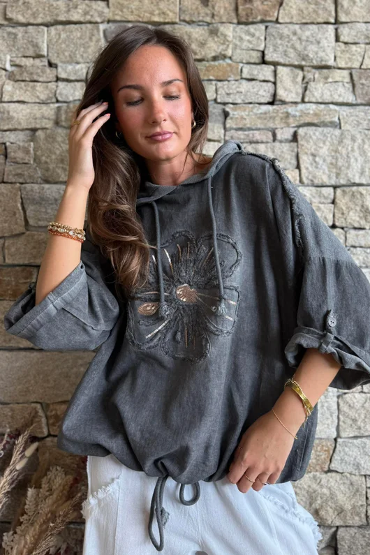 Rustic Nature Linen Blend Hippie Shake Hoodie Washed Charcoal